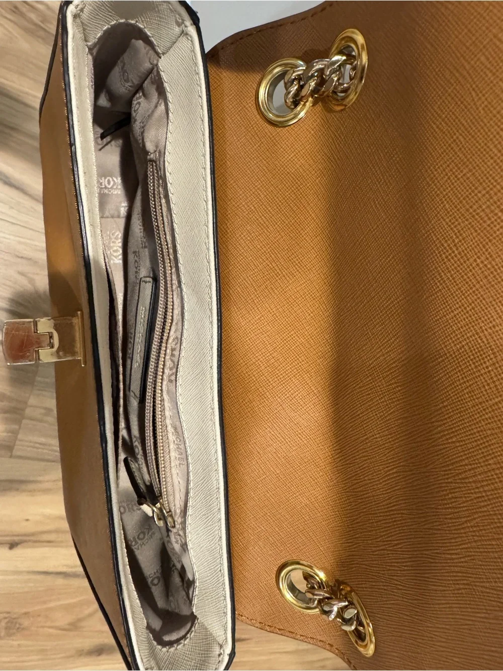 Michael Kors Black and Tan Chain Shoulder Bag with Gold Hardware